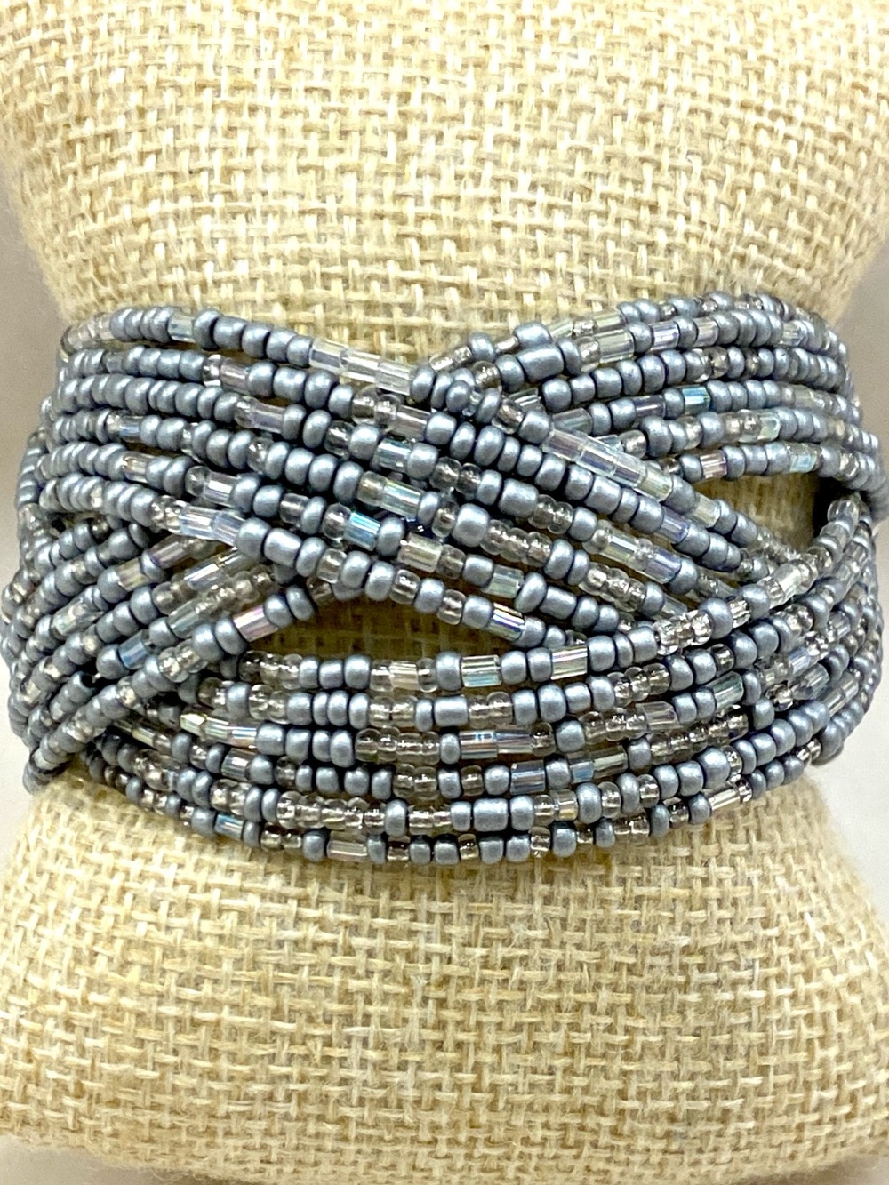 Handwoven Silver Beaded Multi-Strand Cuff Bracelet